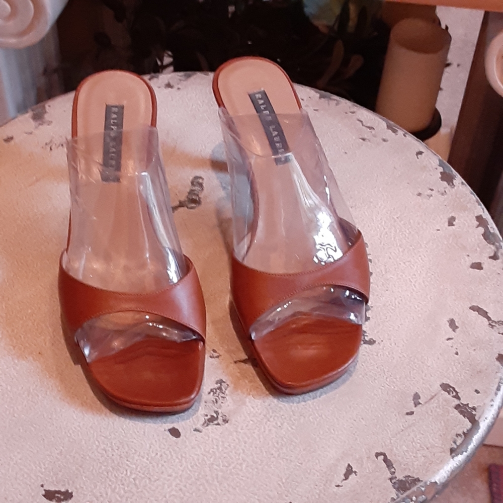 Ralph Lauren Black Label Tan Leather & Clear Mule Sandals